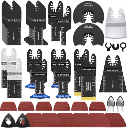 Meff-Mluk 151 PCS Multi Tool Blades Kits for Wood Plastic Metal Cutting | Universal Titanium Multitool Blades & Sanding Pads Compatible with DeWalt Bosch Milwaukee Ryobi and More