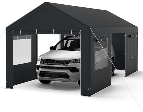 COSTWAY Zeltgarage Carport, 586 x 305 cm, Garagenzelt wetterfest, Lagerzelt mit abnehmbaren Seitenwänden, Rolltüren & belüfteten Fenstern, Weidezelt Unterstand für Auto, SUV, LKW, PKW (Grau)