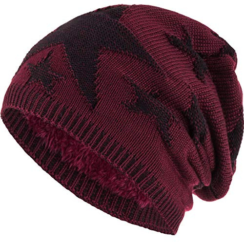 Compagno Sternen Wintermütze warm gefütterte Beanie Flechtmuster Einheitsgröße Mütze, Farbe:Dunkelrot