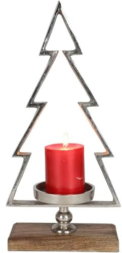 BURI Kerzenständer Tannenbaum 40cm Metall Nickeloptik mit Holzsockel für Stumpenkerzen bis 9cm Weihnachtsdeko Baum Dekotanne Adventsdeko festliche Tischdekoration