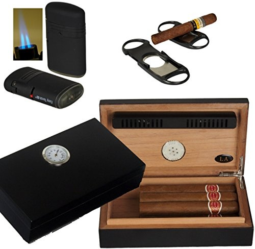 Lifestyle-Ambiente LA Humidor - Geschenkset Black Edition Polymerbefeuchter, Cutter, Feuerzeug Tastingbogen