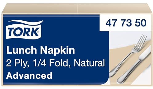 Tork Servilleta de almuerzo, Natural, 1/4 pliegue de 2 capas, 33 cm x 33 cm, 200 servilletas, 477350