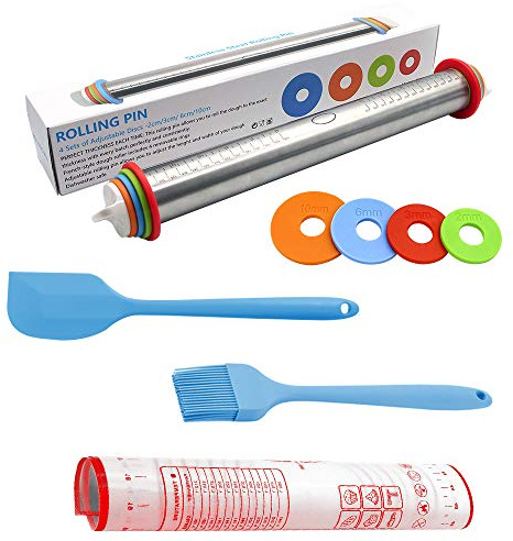 Feihao Rouleau Acier Inoxydable pâtisserie à 4 disques réglables avec Bague de marquage et Mesure, Rouleau antiadhésif pour pâte à Tarte, Pizza et Biscuits