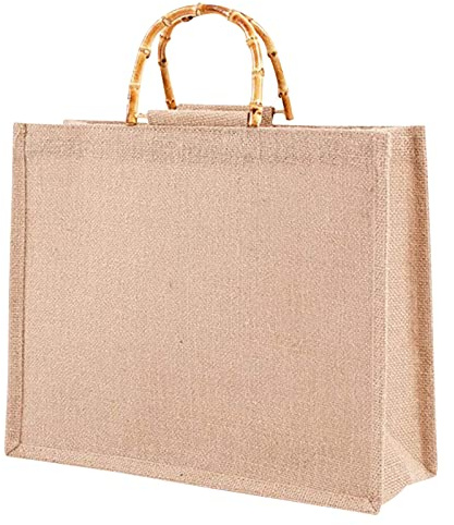 LYEAA Borsa for la Spesa Portatile, Borse in Juta, Borsa della Spesa Riutilizzabile for la Spesa da Spiaggia con Manico (Manico in Bambù 39x31x15cm)