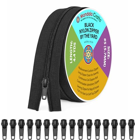 Mandala Crafts Black Upholstery Zippers by the Yard with 16 Preinstalled Pulls #5-4.4 Yds Long Continuous Nylon Coil Cushions Zipper Tape Chain on the Roll for Sewing