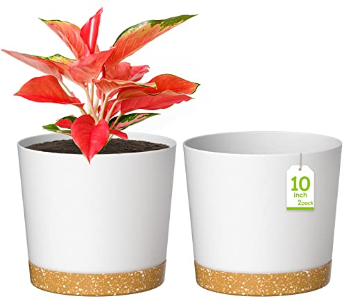 ZMTECH Maceta De 25 cm, Maceta De Plástico con Agujeros De Drenaje para Plantas Suculentas, Hierbas, Orquídeas, Menta y Otras Plantas De Jardín (Blanco, Set De 2)