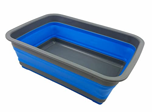 SAMMART - 8L Collapsible Tub - Foldable Dish Tub - Portable Washing Basin - Space Saving Plastic Washtub (Grey/Blue, 1)