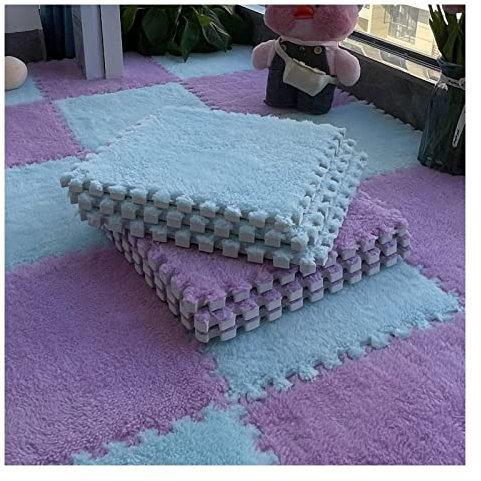 30 X 30 cm Große, Ineinandergreifende Plüsch-Teppichfliesen, 10 Mm Dicke Schaumstoffmatte, Puzzle-Spielmatte, Weiche Krabbel-Spielmatte, rutschfest Und Sturzsicher,Light Blue+Purple,10Pcs