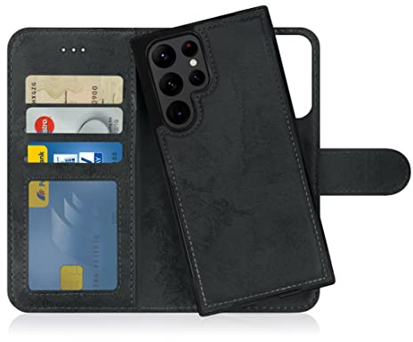 MyGadget Flip-fodral till Samsung Galaxy S22 Ultra - [avtagbart magnetfodral] - mobilfodral av konstläder - [flipfodral med kortplats] skyddsfodral i grått svart