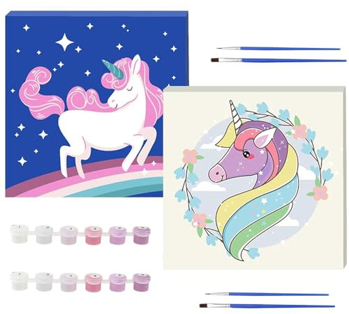 RtottiM 2 Piezas Números Pintar, 20 x 20cm Lienzos Unicornios, DIY Pintura óleo Kit Manualidades Principiantes