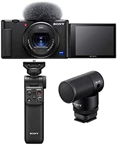 Sony Vlog-Kamera ZV-1 (Digitalkamera, 24-70mm, seitlich klappbares Selfie-Display für Vlogging & YouTube, 4K Video) + Handgriff & Mikrofon