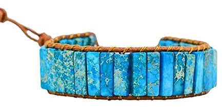 OZEO Edelstein Armband, Natürliches Türkis Kaiserstein Chakra Armband Boho Rechteck Energie Edelstein Armreifen Braun Handgemachtes Geflochtenes Seil Armband Retro Quadrat Knöpfe Exotischer Schmuck