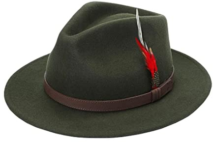 Trilby justerbart band fjäder fedorahatt dam ull cowboystil festkläder hatt, Olivgrön, L
