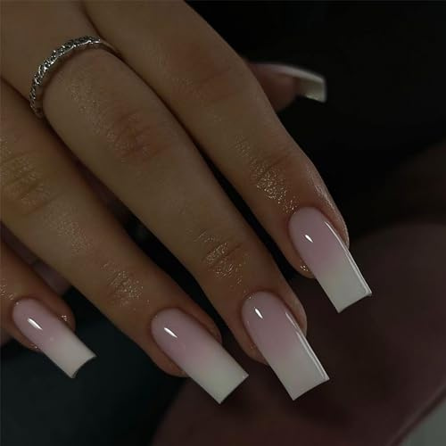 Angwis 24pcs Medium Square False Nails French Tip Stick on Nails White Pink Ombre Press on Nail Removable Glue-on Acrylic Full Cover Fake Nail Art Accessories for Women