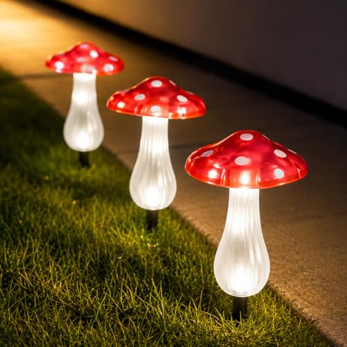 Festive Lights Lot de 3 lampes solaires sur piquet de jardin en forme de champignon – Hauteur 19 cm, 10 LED rouges et blanches, indice IP44, décoration extérieure – Parterres de fleurs et allées