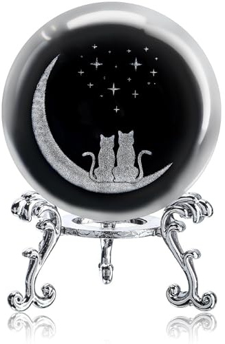 ZEERSHEE Briefbeschwerer mit Ständer, Glaskugel, Motiv: Katzen und Mond, 60 mm, Heimdekoration, Geschenke für Katzenliebhaber