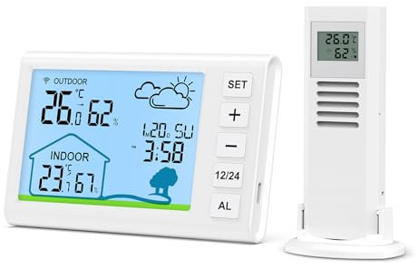 ORIA Wetterstation Funk mit Außensensor, Kabelloser Thermometer Hygrometer für Innen Außen, mit 5 Wettervorhersage, Uhrzeit (12/24 Std.), Alarm, Datum, Schlummer, Tpy-C/Batteriebetrieben
