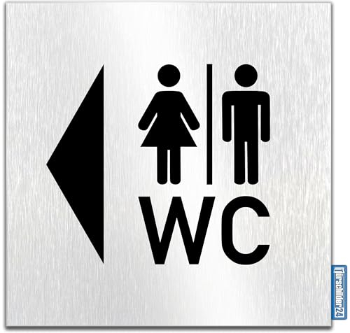 Türschilder24 Placa de aluminio para puerta de Dibond, 120 x 120 x 3 mm, pictograma para inodoros, 100% fabricado en Alemania (WC + picto/flecha izquierda)
