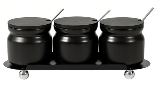 Dowbom Set di 3 zuccheriere con coperchio e cucchiaio, contenitore per zucchero, zuccheriera, zuccheriera, zuccheriera (nero, A)
