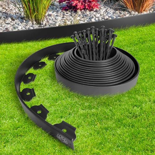 Rullo bordo giardino esterno 10 m in plastica nera con 30 picchetti, bordo da giardino flessibile, resistente alle intemperie, ideale per vialetti e aiuole, perfetto per salotto da giardino all'aperto