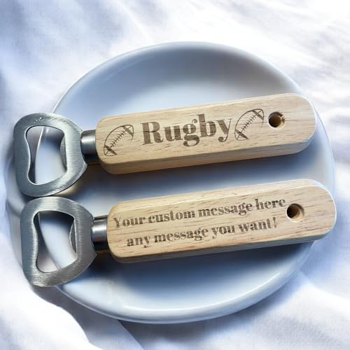 Rugby Bottle Opener – Wooden Engraved Design, Personalised