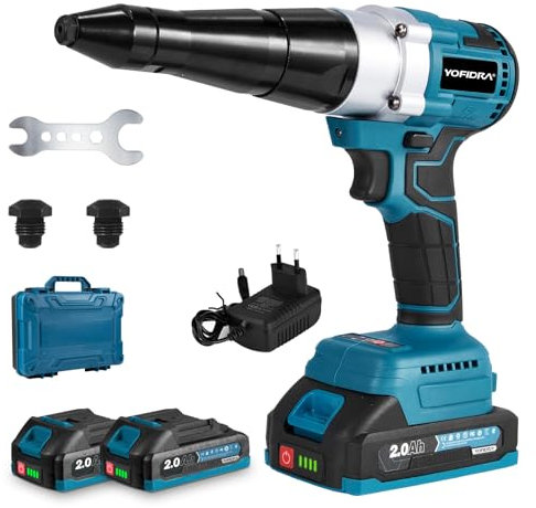 Yofidra Pistola a Rivetti Senza Spazzole 800W, Set Pinza per Rivetti Pop 10.000N con 2x2.0Ah Batterie, Pinza Automatica Elettrica per Rivetti ciechi in Acciaio & Alluminio da 2.4-5.0mm, Corsa 20mm