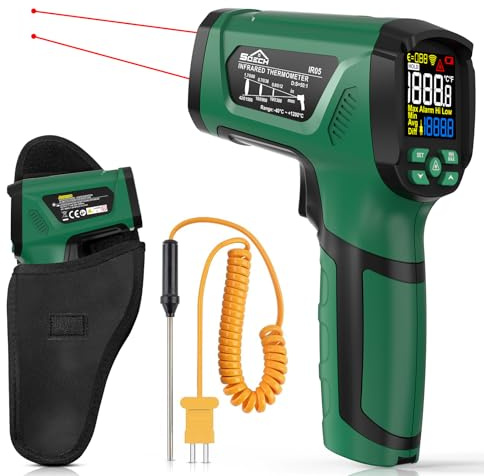 SQECH Infrarot Thermometer mit K-Sonde -40℃～1200℃(-40℉～2192℉) | 50:1 Laser Temperaturmessgerät mit Farbiger Hintergrundbeleuchtung Einstellbarem Emissionsgrad für Industrie&Haushalt