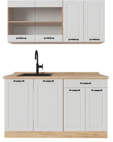 Vicco Singleküche R-Line, Weiß Landhaus/Goldkraft Eiche, 140 cm ohne Arbeitsplatte, geeignet für freistehende oder wandnahe Montage