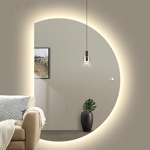 Mirocrafta Specchio da bagno intelligente a mezzaluna, decorazione a figura intera, grande specchio per il trucco illuminato a LED, specchio da parete irregolare, 3 colori dimmerabili,