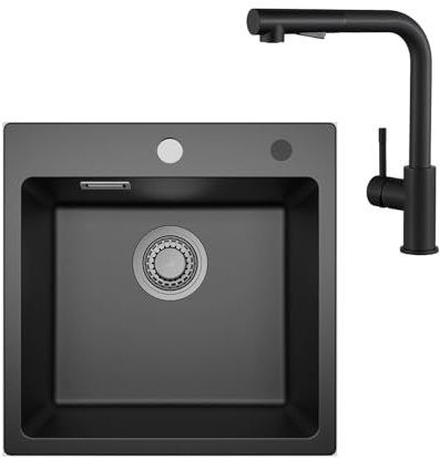 Sofetiy Spülbecken Schwarz Granit 45x45cm und Wasserhahn Ausziehbar Schwarz | Küchenspüle Mit Siphon,Granitspüle Rechteckig Mit 2 Hahnlöcher, Einbauspüle 1 Becken, Waschbecken Küche Schwarz