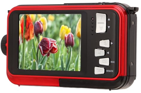 Camera Digitale Subacquea, Fotocamera Full HD 2.7K 48MP a Prova di Acqua con Doppio Schermo con Selfie Posteriore Anteriore, Zoom Digitale 16x, Videocamera per VLOG (rosso)