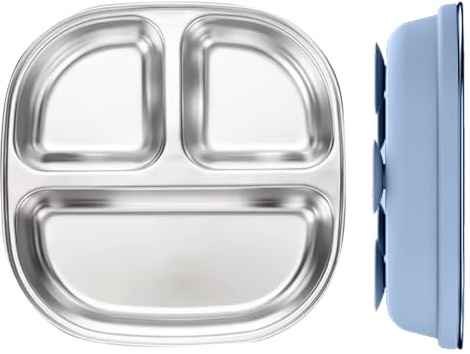 Assiettes compartimentées pour en Bas Âge, Assiettes Anti-Glisse pour Tout-Petits avec Séparateurs, Vaisselle Réutilisable Antidérapante avec Ventouse - Bol en Acier Inoxydable pour et Adultes