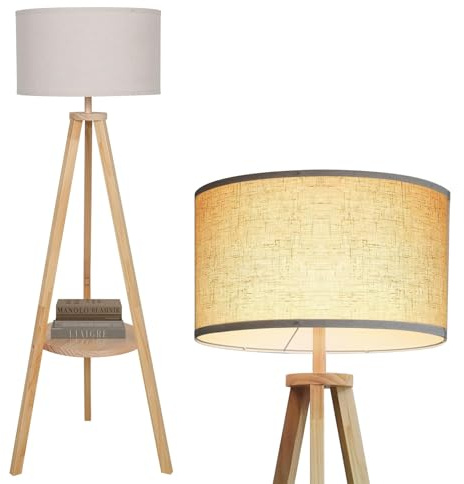 PULUOMIS Floor Lamp, Tripod Standing Lamps for Living Room, Tall Standard Lamp with Shelf E27 Base, Modern Reading Lamp for Bedroom Home Office