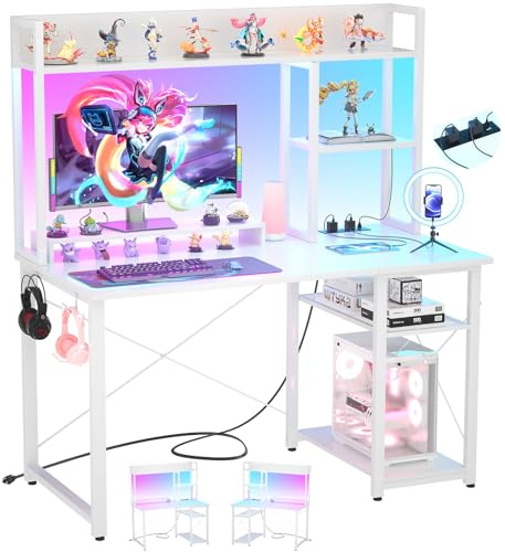 iSunirm Litet spelskrivbord med fäste, 39-tums datorbord med LED-lampor och uttag, hemmakontor skrivbord med vändbara 5-stegs förvaringsfack och monitorstativ, vit