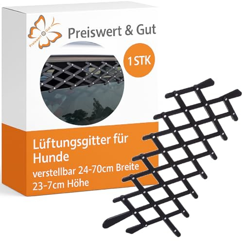 Fenstergitter für Hunde im PKW verstellbar ohne Werkzeug 24 bis 70 cm | Das Lüftungsgitter sorgt für frische Luft im Auto und bietet sicheren Halt ohne Werkzeug, Höhe 23-7 cm.