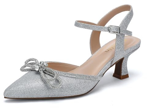 DOBOLIN Wide Width Silver Pointed Closed Toe Heels for Women Rhinestone Bow Ankle Strap Kitten Heels Party Birthday Wedding Bridal Pumps, US Size 8.5