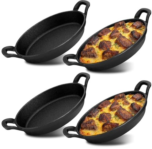 KDXBQ 4 Pcs Oval Serving Dish Mini Cast Iron Skillet Sizzling Matte Black Gratin Cookware for Home Restaurant Kitchen Service Barbecue 27.5 x 15.5 cm