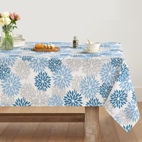 Artoid Mode Nappe de Noël, motif floral, bleu glacé, dahlias, 140 x 180 cm, linge de table anti-taches, saisonnier, pour l'hiver, la cuisine, les vacances, la décoration de fête