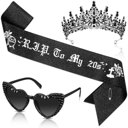 ZenithAura 3 pièces Rip To My 20s Set Couronne Strass noire Lunettes de soleil en forme de cœur Écharpe pailletée Kit pour fête d'anniversaire de deuil de la jeunesse