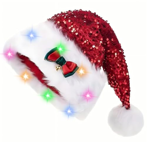 Qunkun Weihnachtsmütze Erwachsene, Weihnachts Mütz mit Glitzer Pailletten und Plüsch Rand, Nikolausmütze, 32 × 45 cm Rot Schleife Weihnachtsmütze mit LED, Weihnachten Karneval Party Geschenk