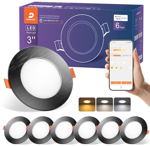 DUSKTEC 6er Set LED Spots 230V Schwarz APP- und Alexa-Steuerung, 7W 660LM | Warm bis Kaltweiss Dimmbar Einbauleuchte Decke Bluetooth 68-85mm Lochmaß, Sprach- und Handy Steuerung, IP44 Einbauspot Flache