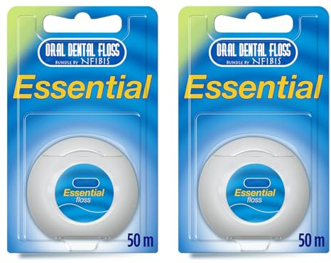 Essential Dental Floss, Waxed Mint, 50m Pack of 2, Nylon Material, Plaque Removal for Daily Dental Hygiene, Adult Use