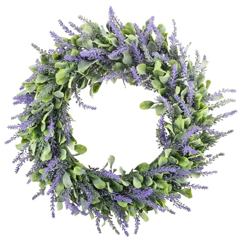 Minnhua Corona de Lavanda Artificial 45cm Guirnalda Redonda Corona de Puerta Guirnaldas de Flores de Plástico Colgante Guirnalda Lavanda Planta Plastico para Puerta Delantera Boda Jardín Decoración