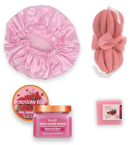 Coffret cadeau de douche | Gommage au sucre corporel, savon aux huiles essentielles et bonnet de douche dans une boîte cadeau avec nœud | Cadeau spa et soins personnels pour homme et femme (rose)