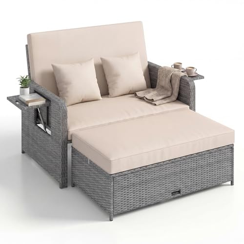 LIFEZEAL Lounge Outdoor, Doppelliege mit Liegefunktion, Rattan Tagesbett Sonnenliege mit Verstellbarer Rückenlehne, 2-Sitzer Gartensofa mit Seitentisch & Ottomane, bis zu 360kg (Mix Grau+Khaki)