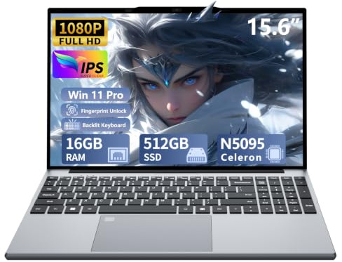 Ordenador Portátil 15,6 Celeron N5095 (4C/4T, hasta 2,9 GHz) Procesador, Win 11 PC Portátil 16GB DDR4 RAM 512GB SSD FHD IPS Desbloqueo por Huella Teclado Retroiluminado WiFi USB 3.0 HDMI Bluetooth