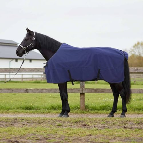 GeenYuu Couverture équine Bleu Marine en Polyester 155 cm pour Cheval et Poney Hiver extérieur avec Protection Respirante, Ajustable Encolure, Sangle et poitrail pour Chaleur et Confort