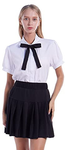 ETOSELL Damen-Bluse, kurzärmelig, Bubikragen, Kawaii, Mädchen, Schuluniform, weißes Hemd, Dame mit Schleife, OL Button-Down-Shirt, Weiße Kurze Ärmel, Small