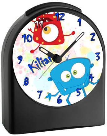 CreaDesign, WU-50-1027, Monster, analog Kinderwecker schwarz, Funkwecker ohne Ticken, mit Licht, personalisiert mit Namen, 9,6 x 5,5 x 11,9 cm, 104 g