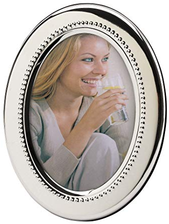 Cornice per Foto Formato 13 x 18 cm, In Vetro e Metallo, Placcata in Argento Laccato Lucido, Cornice Portafoto Ovale da Tavolo e Parete a Disposizione Verticale